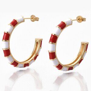 Bamboo Style C shaped  half circle Stud hoop enamel Earrings red white real gold